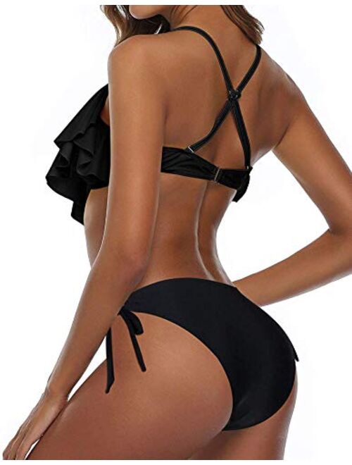 Flounce Bikini Side Tie Bottom Padded Ruffled Top Two Piece Swimsuit for Women Cross Back Bathing Suit Black