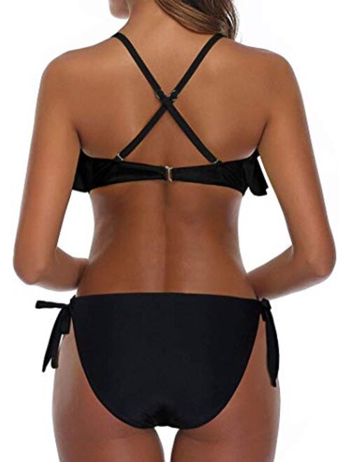 Flounce Bikini Side Tie Bottom Padded Ruffled Top Two Piece Swimsuit for Women Cross Back Bathing Suit Black