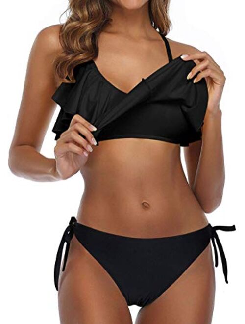 Flounce Bikini Side Tie Bottom Padded Ruffled Top Two Piece Swimsuit for Women Cross Back Bathing Suit Black