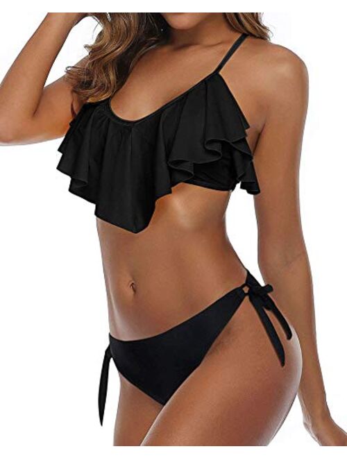 Flounce Bikini Side Tie Bottom Padded Ruffled Top Two Piece Swimsuit for Women Cross Back Bathing Suit Black