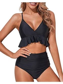 Women Two Piece Swimsuits High Waisted Ruffle Flounce Bikini V Neck Tummy Control Bathing Suit Solid Black