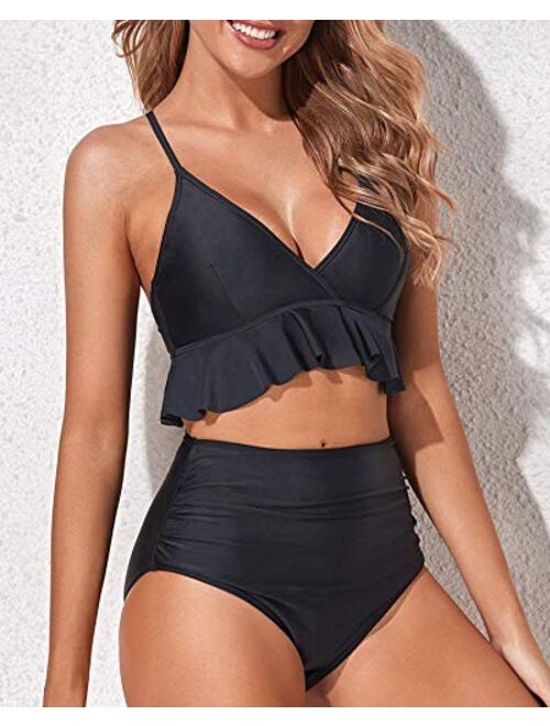 Women Two Piece Swimsuits High Waisted Ruffle Flounce Bikini V Neck Tummy Control Bathing Suit Solid Black