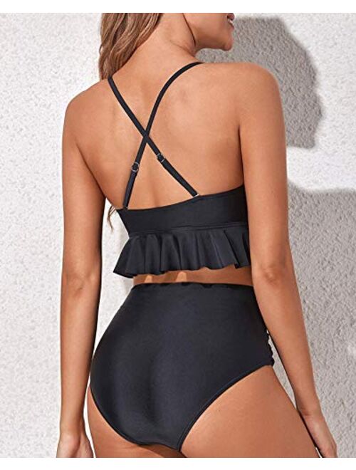 Women Two Piece Swimsuits High Waisted Ruffle Flounce Bikini V Neck Tummy Control Bathing Suit Solid Black