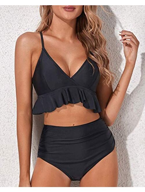 Women Two Piece Swimsuits High Waisted Ruffle Flounce Bikini V Neck Tummy Control Bathing Suit Solid Black