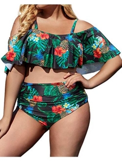 Daci Women Plus Size Flounce Bikini High Waisted Ruffled Two Piece Swimsuits Tummy Control Bathing Suits