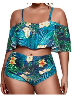 Daci Women Plus Size Flounce Bikini High Waisted Ruffled Two Piece Swimsuits Tummy Control Bathing Suits