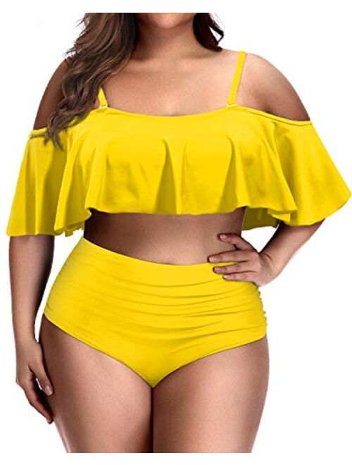 Daci Women Plus Size Flounce Bikini High Waisted Ruffled Two Piece Swimsuits Tummy Control Bathing Suits