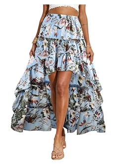 BTFBM Women Boho Floral Print Long Skirt Dress Chic High Low Side Split Ruffle Hem Elastic Waist Swing Maxi Dresses