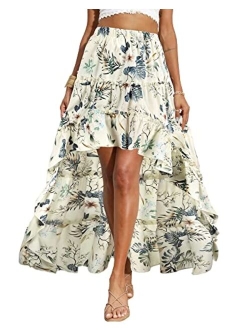 BTFBM Women Boho Floral Print Long Skirt Dress Chic High Low Side Split Ruffle Hem Elastic Waist Swing Maxi Dresses