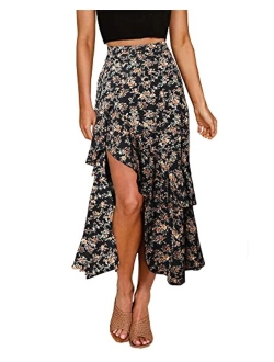BTFBM Women Boho Floral Print Long Skirt Dress Chic High Low Side Split Ruffle Hem Elastic Waist Swing Maxi Dresses