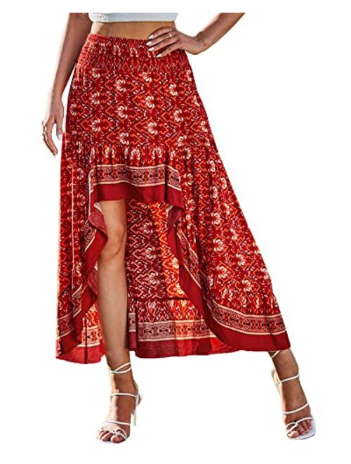 BTFBM Women Boho Floral Print Long Skirt Dress Chic High Low Side Split Ruffle Hem Elastic Waist Swing Maxi Dresses