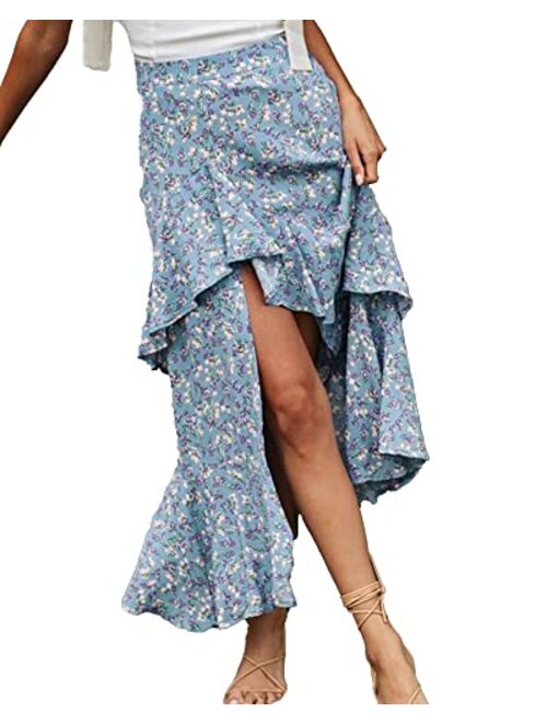 BTFBM Women Boho Floral Print Long Skirt Dress Chic High Low Side Split Ruffle Hem Elastic Waist Swing Maxi Dresses