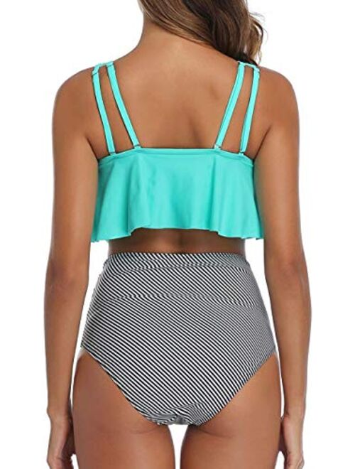 Bikini Swimsuit for Women Ruffled Flounce Top with High Waisted Ruched Bottom Two Piece Bathing Suit