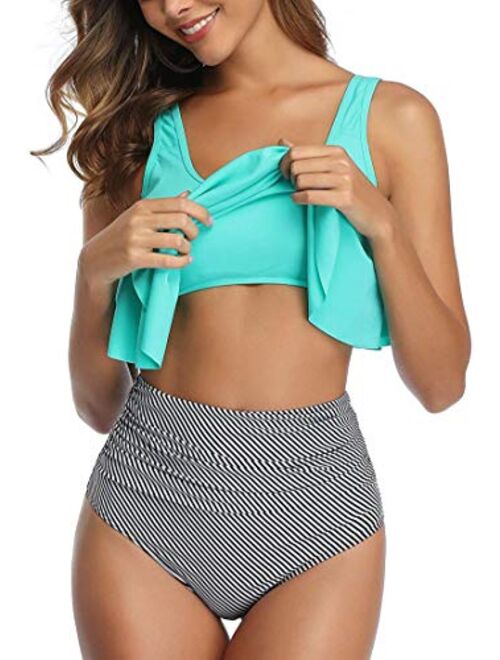 Bikini Swimsuit for Women Ruffled Flounce Top with High Waisted Ruched Bottom Two Piece Bathing Suit