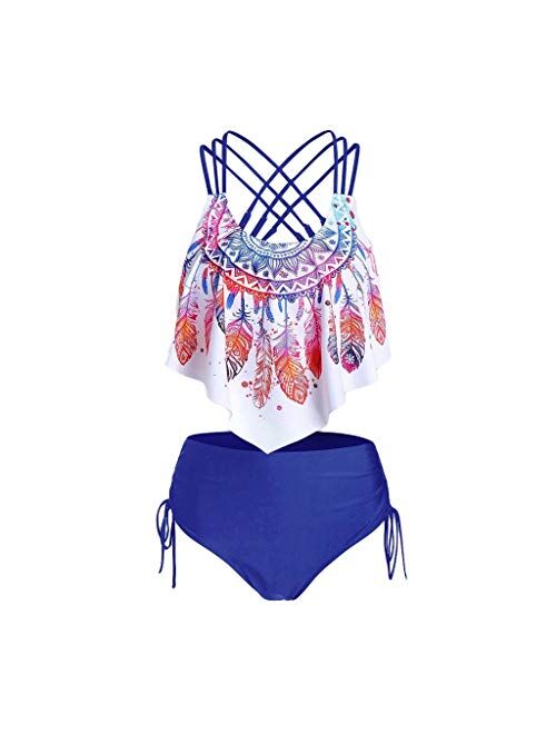 PDGJG Bikini Set Women Feather Print Push-up Padded Overlay Flounce Crisscross Swimwear Bathing Suit Female (Color : Blue, Size : Large)