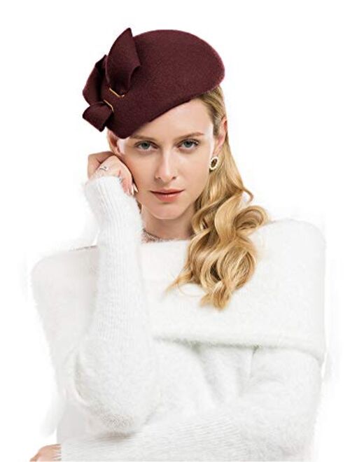 F FADVES Women Wool Derby Hat for Women Pillbox Hat Wedding Hats Felt Bowknot Fascinators