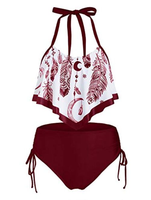 Feather Print Flounce Overlay Cinched Halter Tankini Swimsuit Swimming Bathing Suit Biquini Set Sexy Bikini