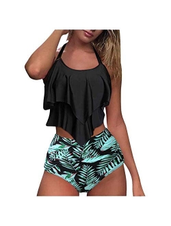 YSLMNOR Flounce Swimsuits for Women Two Piece Bathing Suits Ruffled Top with High Waisted Bottom Bikini Set