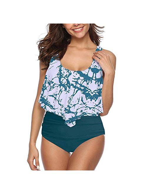 YSLMNOR Flounce Swimsuits for Women Two Piece Bathing Suits Ruffled Top with High Waisted Bottom Bikini Set