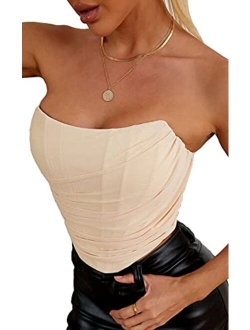 MOALLUOM Mesh Corset Crop Top Bustier Underbust Boned Backless Sleeveless Strapless Off Shoulder Aesthetic Bodyshaper for Women Y2K