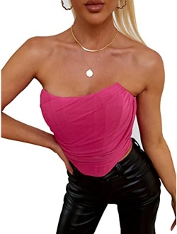 MOALLUOM Mesh Corset Crop Top Bustier Underbust Boned Backless Sleeveless Strapless Off Shoulder Aesthetic Bodyshaper for Women Y2K