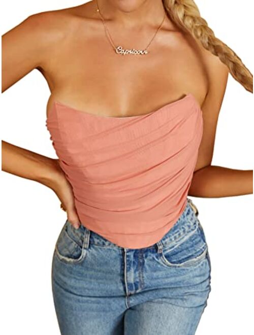 MOALLUOM Mesh Corset Crop Top Bustier Underbust Boned Backless Sleeveless Strapless Off Shoulder Aesthetic Bodyshaper for Women Y2K