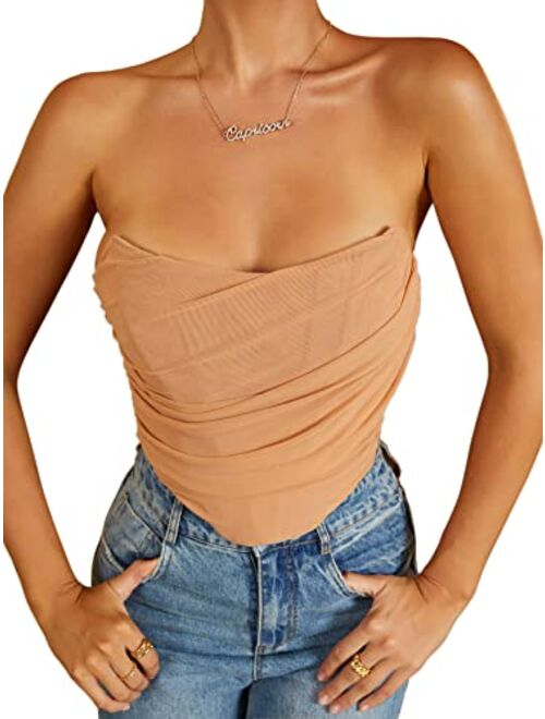 MOALLUOM Mesh Corset Crop Top Bustier Underbust Boned Backless Sleeveless Strapless Off Shoulder Aesthetic Bodyshaper for Women Y2K