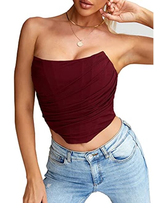 MOALLUOM Mesh Corset Crop Top Bustier Underbust Boned Backless Sleeveless Strapless Off Shoulder Aesthetic Bodyshaper for Women Y2K