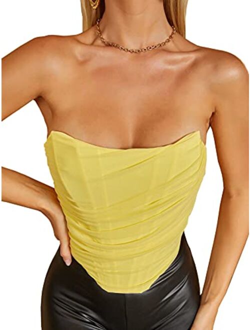 MOALLUOM Mesh Corset Crop Top Bustier Underbust Boned Backless Sleeveless Strapless Off Shoulder Aesthetic Bodyshaper for Women Y2K