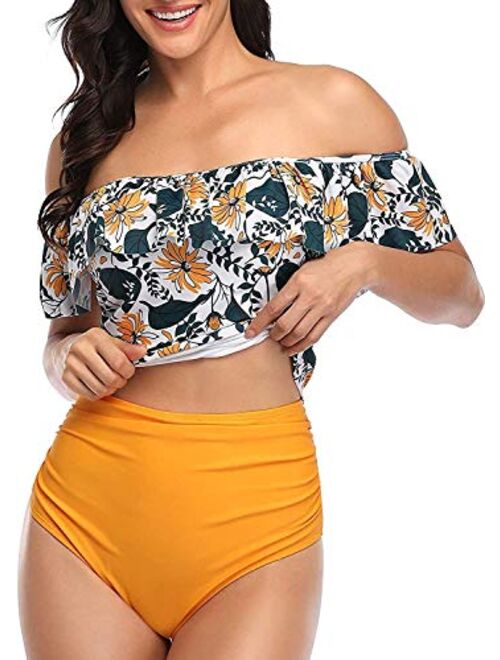 AIberx Women Two Piece Swimsuit Flounce Off Shoulder Tops High Waisted Ruched Bottom