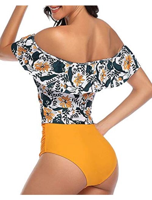 AIberx Women Two Piece Swimsuit Flounce Off Shoulder Tops High Waisted Ruched Bottom