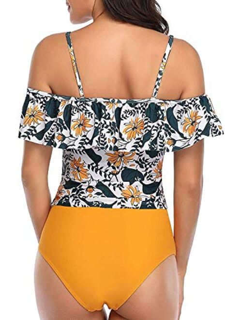 AIberx Women Two Piece Swimsuit Flounce Off Shoulder Tops High Waisted Ruched Bottom