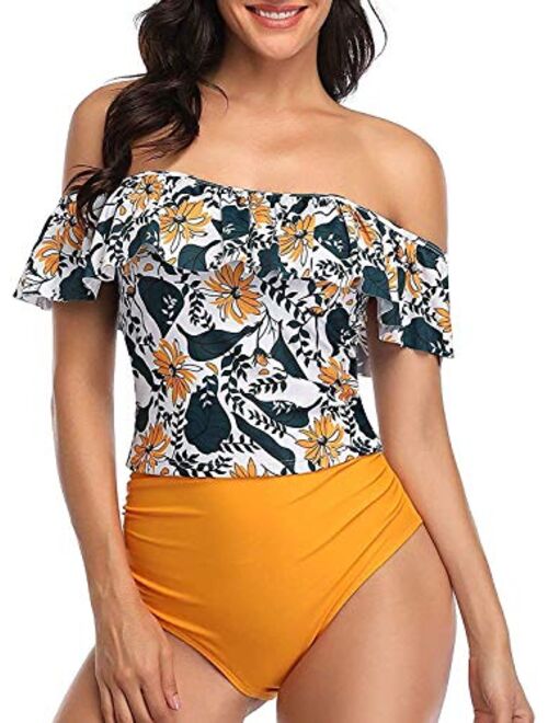 AIberx Women Two Piece Swimsuit Flounce Off Shoulder Tops High Waisted Ruched Bottom