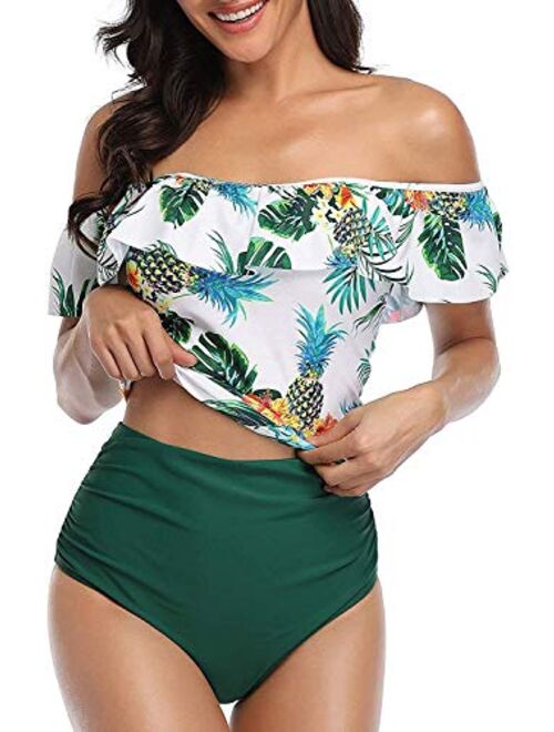 AIberx Women Two Piece Swimsuit Flounce Off Shoulder Tops High Waisted Ruched Bottom