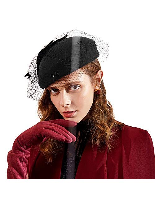 F FADVES Women Pillbox Style Fascinator Tea Party Wedding Races Hat with Birdcage Veil