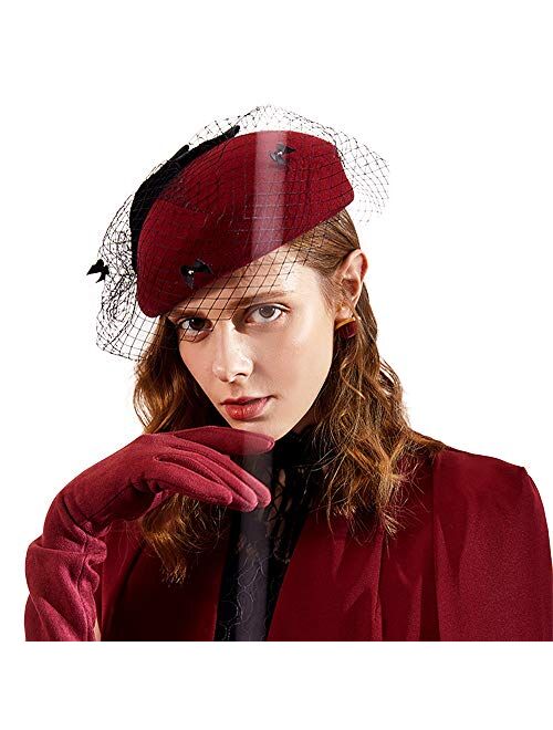 F FADVES Women Pillbox Style Fascinator Tea Party Wedding Races Hat with Birdcage Veil