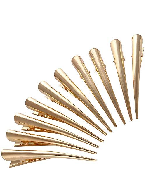 LONEEDY 10 Pack Duckbill Hair Clips with Teeth, Metal Alligator Curl Clips with Holes for Hair Styling, Non-slip Hair Barrettes Hair Grip DIY Accessories (Large, Gold)