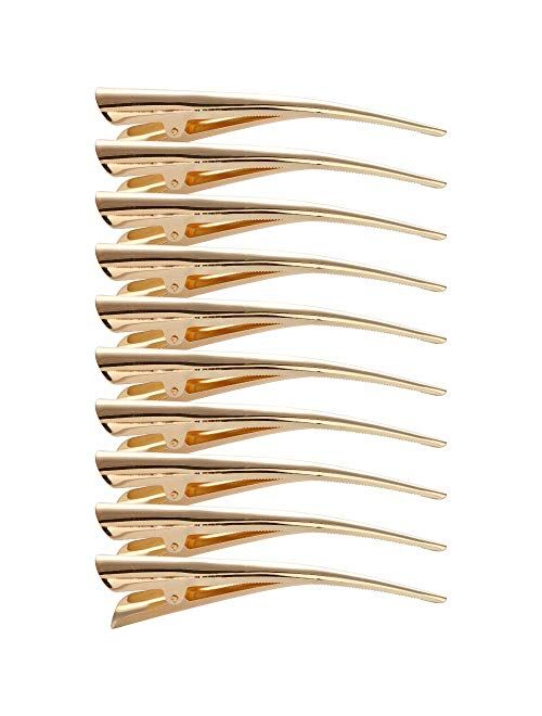 LONEEDY 10 Pack Duckbill Hair Clips with Teeth, Metal Alligator Curl Clips with Holes for Hair Styling, Non-slip Hair Barrettes Hair Grip DIY Accessories (Large, Gold)