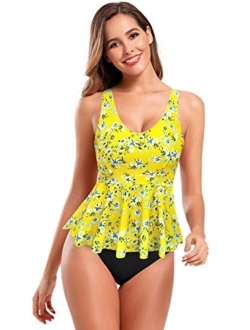 Women's Retro Floral Print Swimsuit V Neck Ruffle Tankini Set Bathing Suits