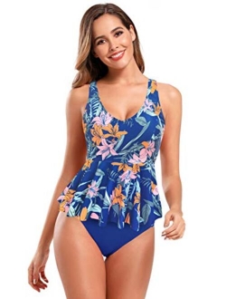 Women's Retro Floral Print Swimsuit V Neck Ruffle Tankini Set Bathing Suits