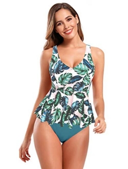 Women's Retro Floral Print Swimsuit V Neck Ruffle Tankini Set Bathing Suits