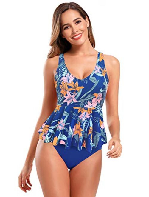 SHEKINI Women's Retro Floral Print Swimsuit V Neck Ruffle Tankini Set Bathing Suits