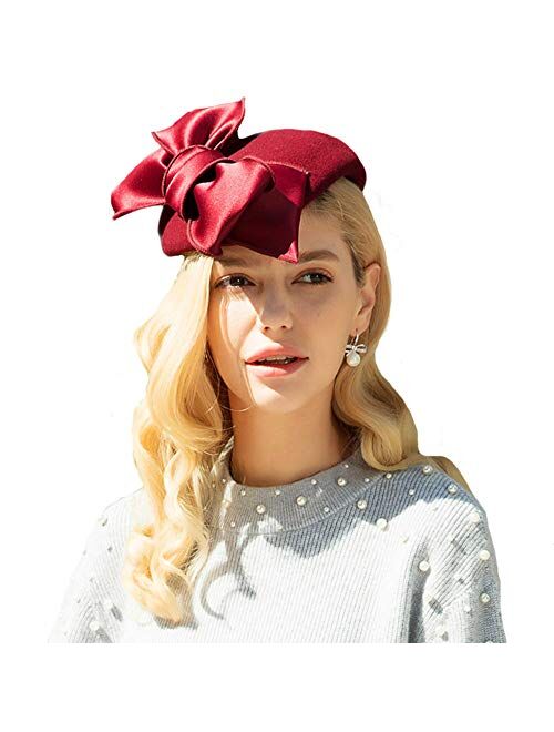 F FADVES Vintage Cocktailhat Church Pillbox Hat Wool Felt Fascinators Wedding Bowknot Tilt Hats