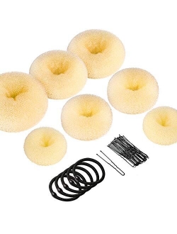 Donut Hair Bun Maker 7 Pieces, Teenitor Ring Style Bun Maker Set with Hair Bun Makers (1 extra-large, 2 large, 2 medium and 2 small), 5 pieces Hair Elastic Bands, 20 piec