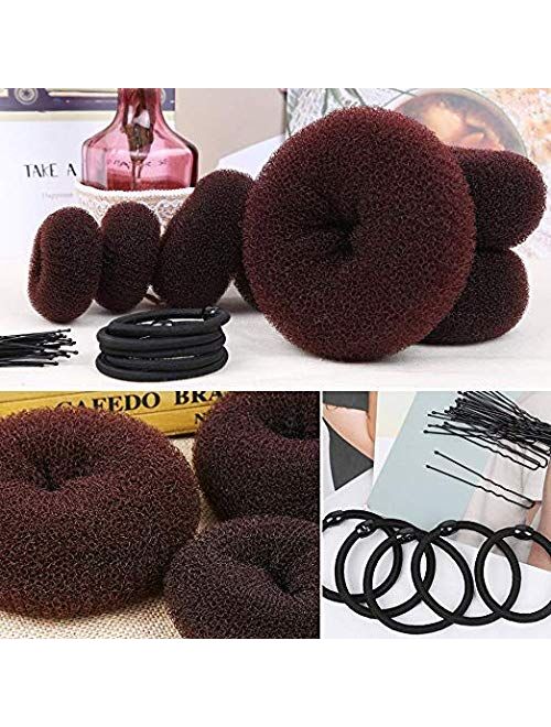 Donut Hair Bun Maker 7 Pieces, Teenitor Ring Style Bun Maker Set with Hair Bun Makers (1 extra-large, 2 large, 2 medium and 2 small), 5 pieces Hair Elastic Bands, 20 piec