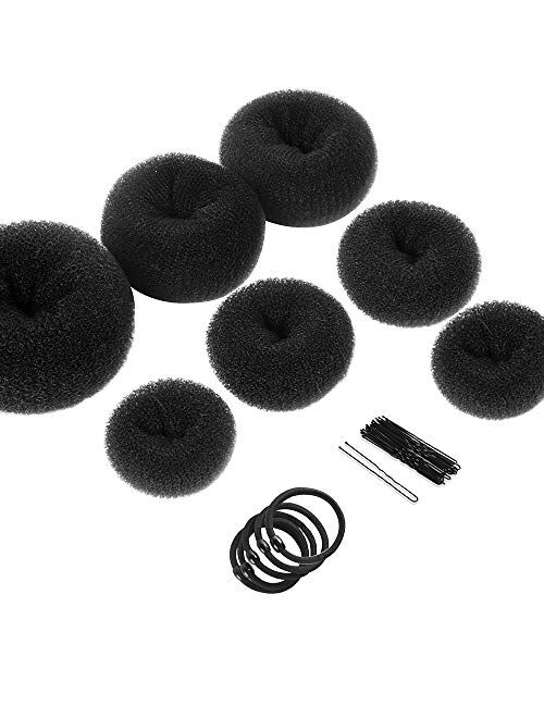 Donut Hair Bun Maker 7 Pieces, Teenitor Ring Style Bun Maker Set with Hair Bun Makers (1 extra-large, 2 large, 2 medium and 2 small), 5 pieces Hair Elastic Bands, 20 piec