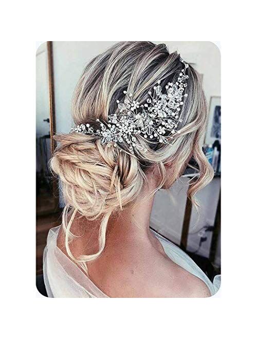 Catery Flower Bride Wedding Headband Silver Crystal Pearl Hair Vine Braid Headpiece Bridal Hair Accessories for Women (Silver)