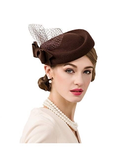 FADVES Women Fascinators Wool Pillbox Hat Formal Wedding Derby Tea Party Hat Veil