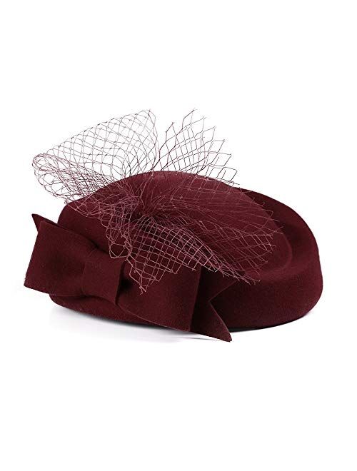 F Fadves FADVES Women Fascinators Wool Pillbox Hat Formal Wedding Derby Tea Party Hat Veil