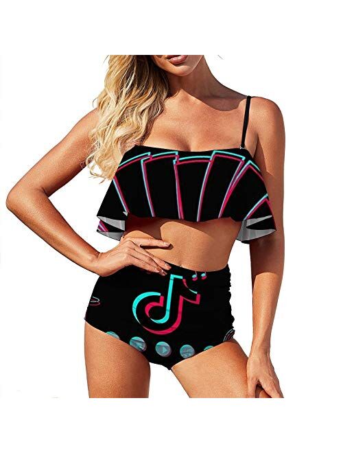 Ti-k to-k Women's Cute Two Pieces Bikini Set Ruffled Flounce Top with High Waisted Bottom Bathing Swimsuit Set M